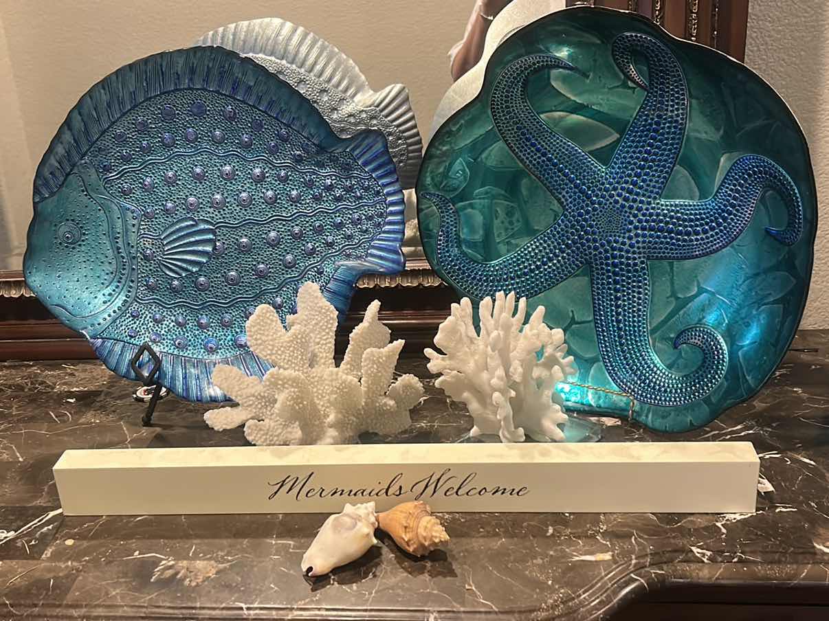 Photo 1 of OCEAN THEMED DECOR GLASS PLATES/BOWLS (FISH 15.25”) CORAL, SHELLS AND WOOD MERMAID SIGN