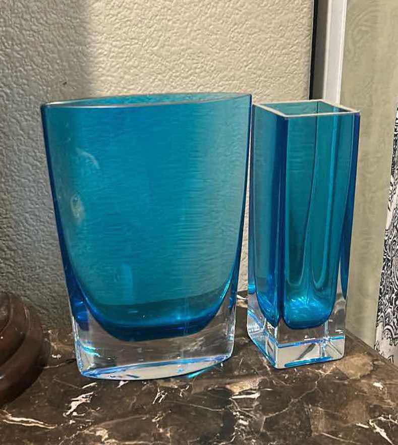 Photo 1 of 2 BLUE GLASS VASES H8.5”