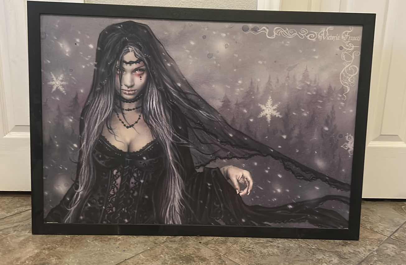 Photo 1 of BLACK WOOD FRAMED, TEXTURED VICTORIA FRANCES “ WINTER GOTH” SPOOKY ARTWORK FOR HALLOWEEN AND MORE 38” x H26 1/2”