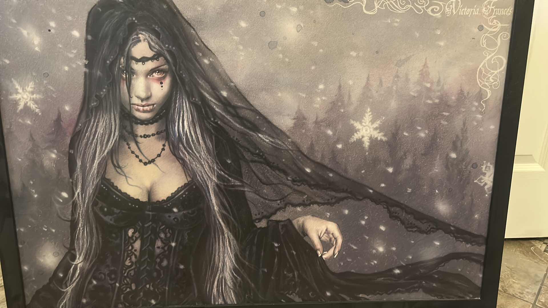 Photo 1 of BLACK WOOD FRAMED, TEXTURED VICTORIA FRANCES “ WINTER GOTH” SPOOKY ARTWORK FOR HALLOWEEN AND MORE 38” x H26 1/2”