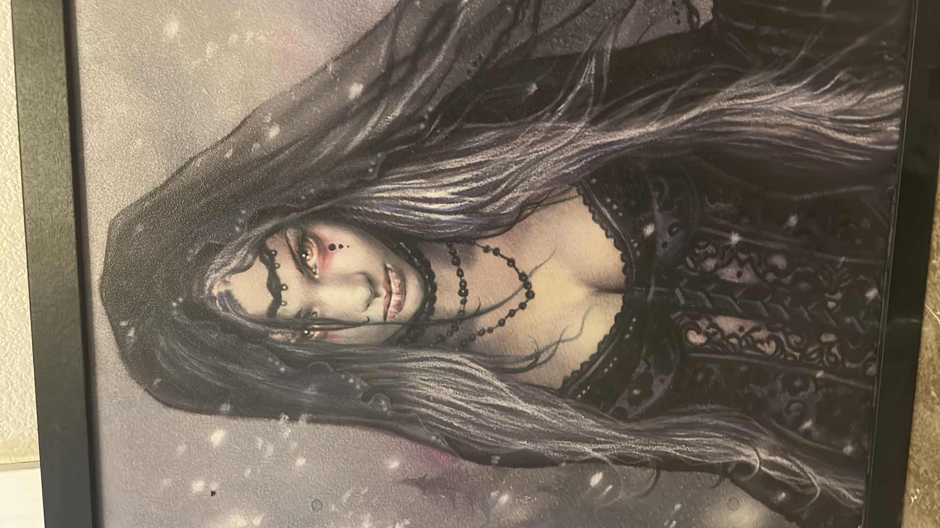 Photo 1 of BLACK WOOD FRAMED, TEXTURED VICTORIA FRANCES “ WINTER GOTH” SPOOKY ARTWORK FOR HALLOWEEN AND MORE 38” x H26 1/2”