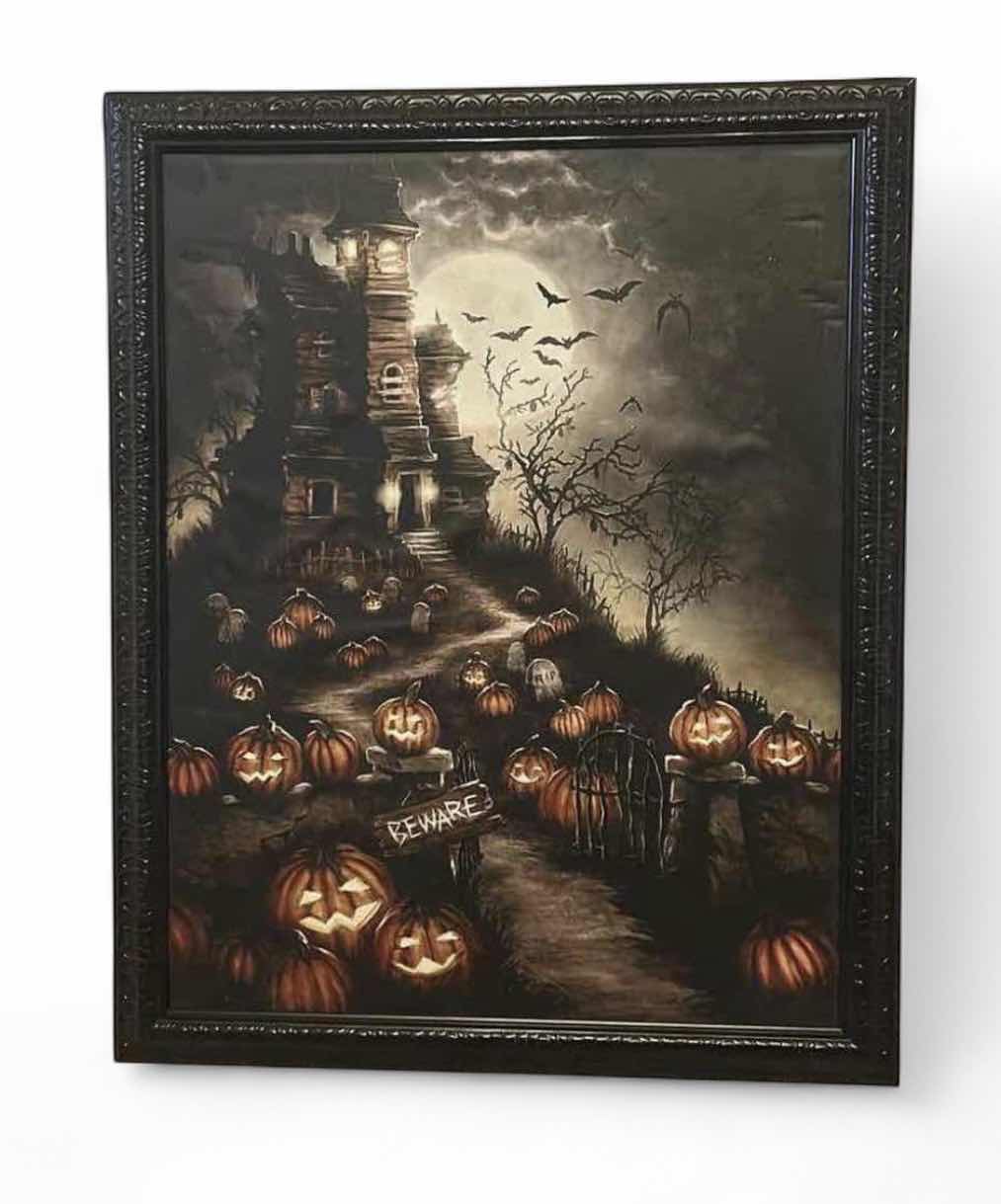Photo 1 of BLACK WOOD FRAMED BATTERY OPERATED LIGHT UP HAUNTED HOUSE ARTWORK FOR HALLOWEEN AND MORE 
25” x 31”