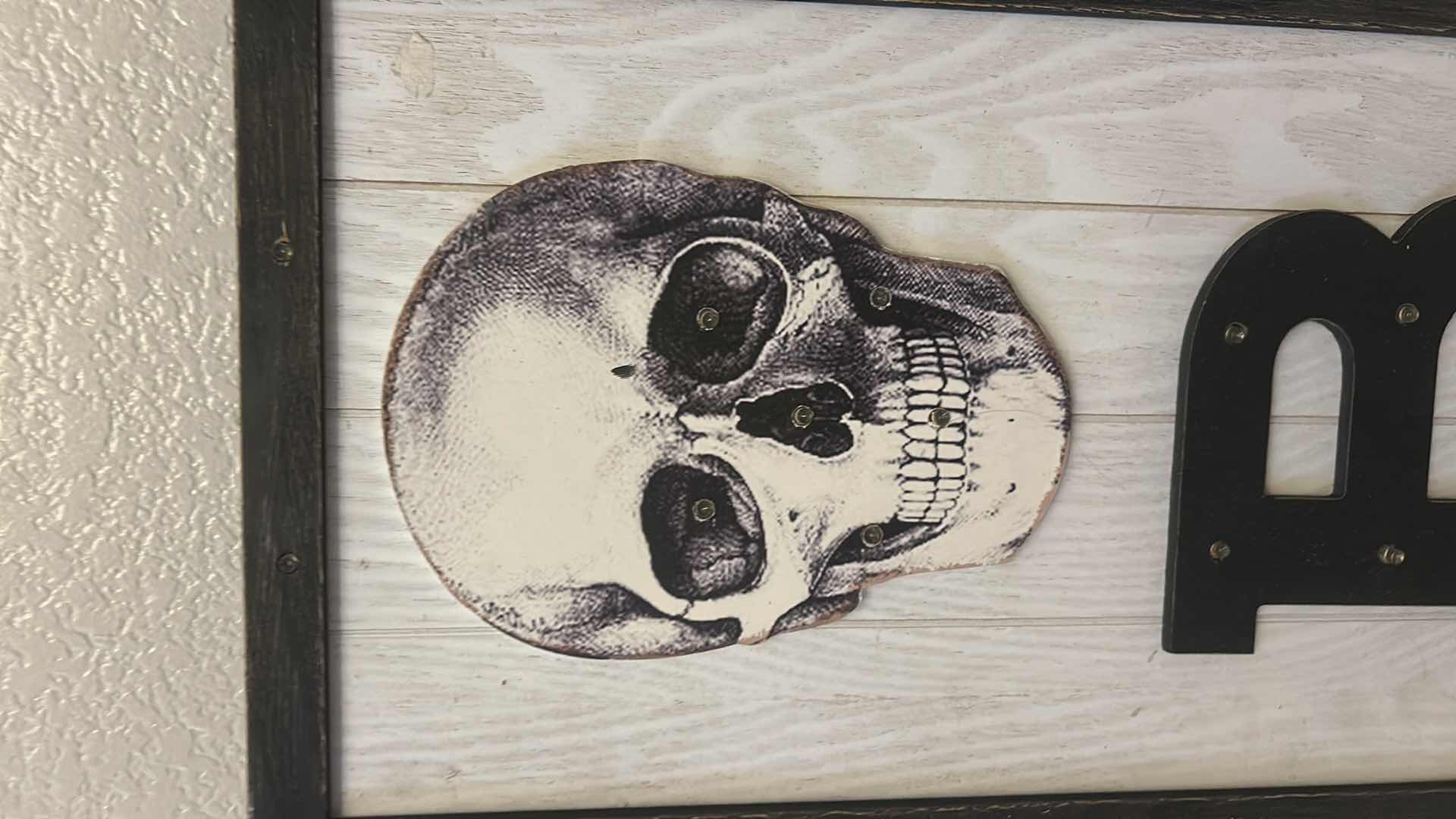 Photo 1 of BLACK WOOD FRAMED, BATTERY OPERATED, LIGHT UP SKELETON BOO DECOR FOR HALLOWEEN AND MORE 10” x H28”