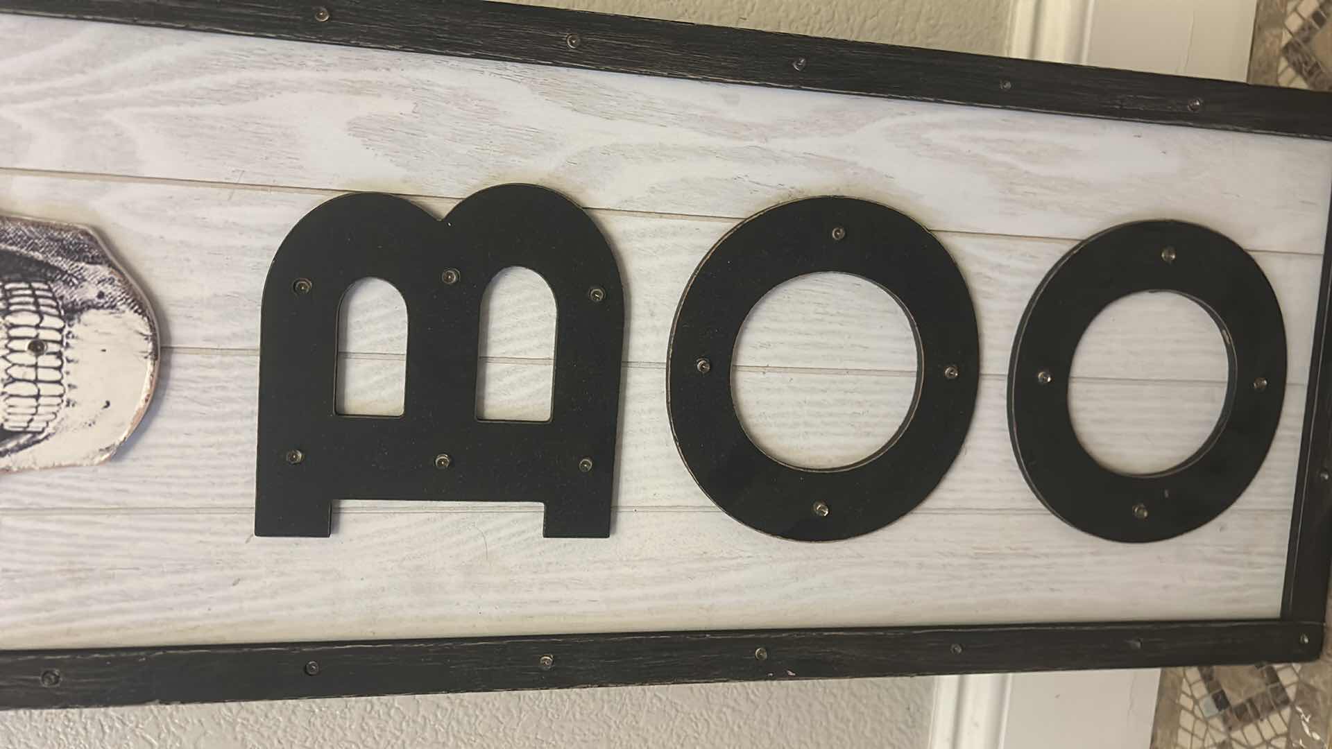 Photo 1 of BLACK WOOD FRAMED, BATTERY OPERATED, LIGHT UP SKELETON BOO DECOR FOR HALLOWEEN AND MORE 10” x H28”