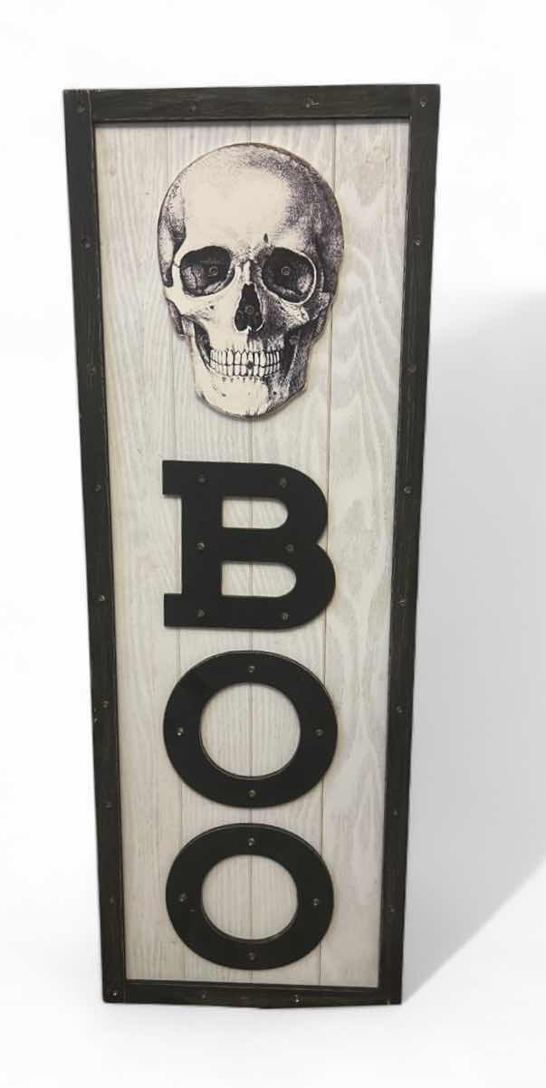 Photo 1 of BLACK WOOD FRAMED, BATTERY OPERATED, LIGHT UP SKELETON BOO DECOR FOR HALLOWEEN AND MORE 10” x H28”