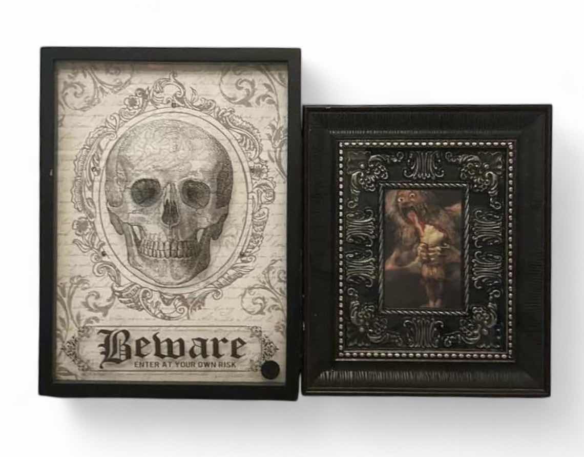 Photo 1 of 2 HALLOWEEN DECOR- 1 BATTERY OPERATED TALKING BEWARE SKELETON SHADOW BOX 12” x H16” , 1 FRAMED TROLL ARTWORK