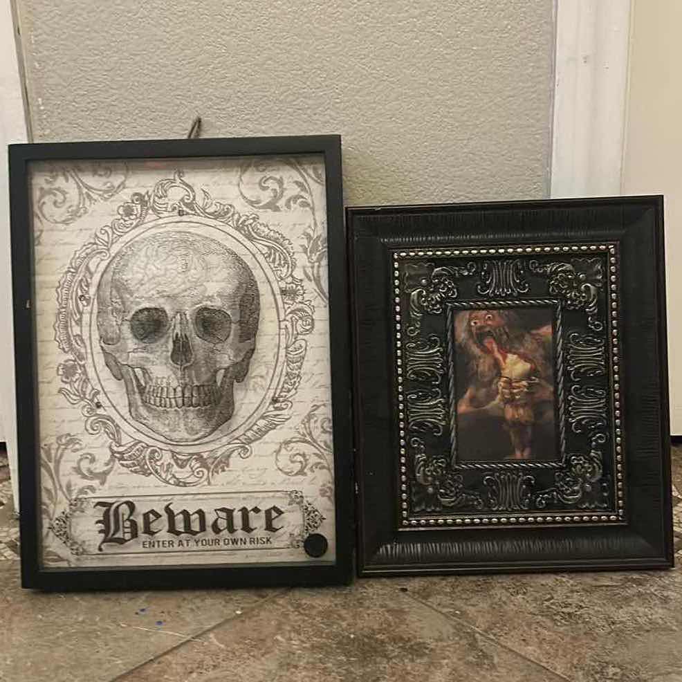 Photo 1 of 2 HALLOWEEN DECOR- 1 BATTERY OPERATED TALKING BEWARE SKELETON SHADOW BOX 12” x H16” , 1 FRAMED TROLL ARTWORK