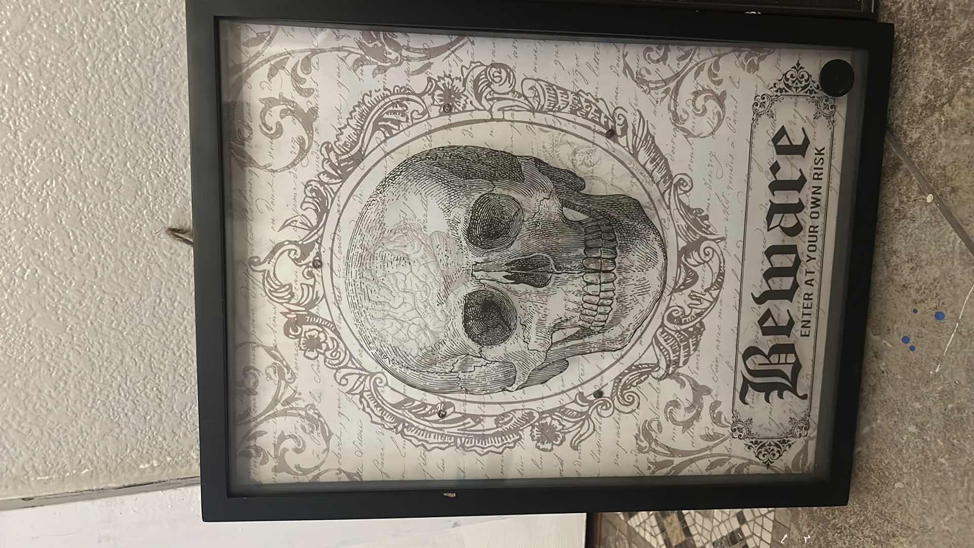 Photo 1 of 2 HALLOWEEN DECOR- 1 BATTERY OPERATED TALKING BEWARE SKELETON SHADOW BOX 12” x H16” , 1 FRAMED TROLL ARTWORK