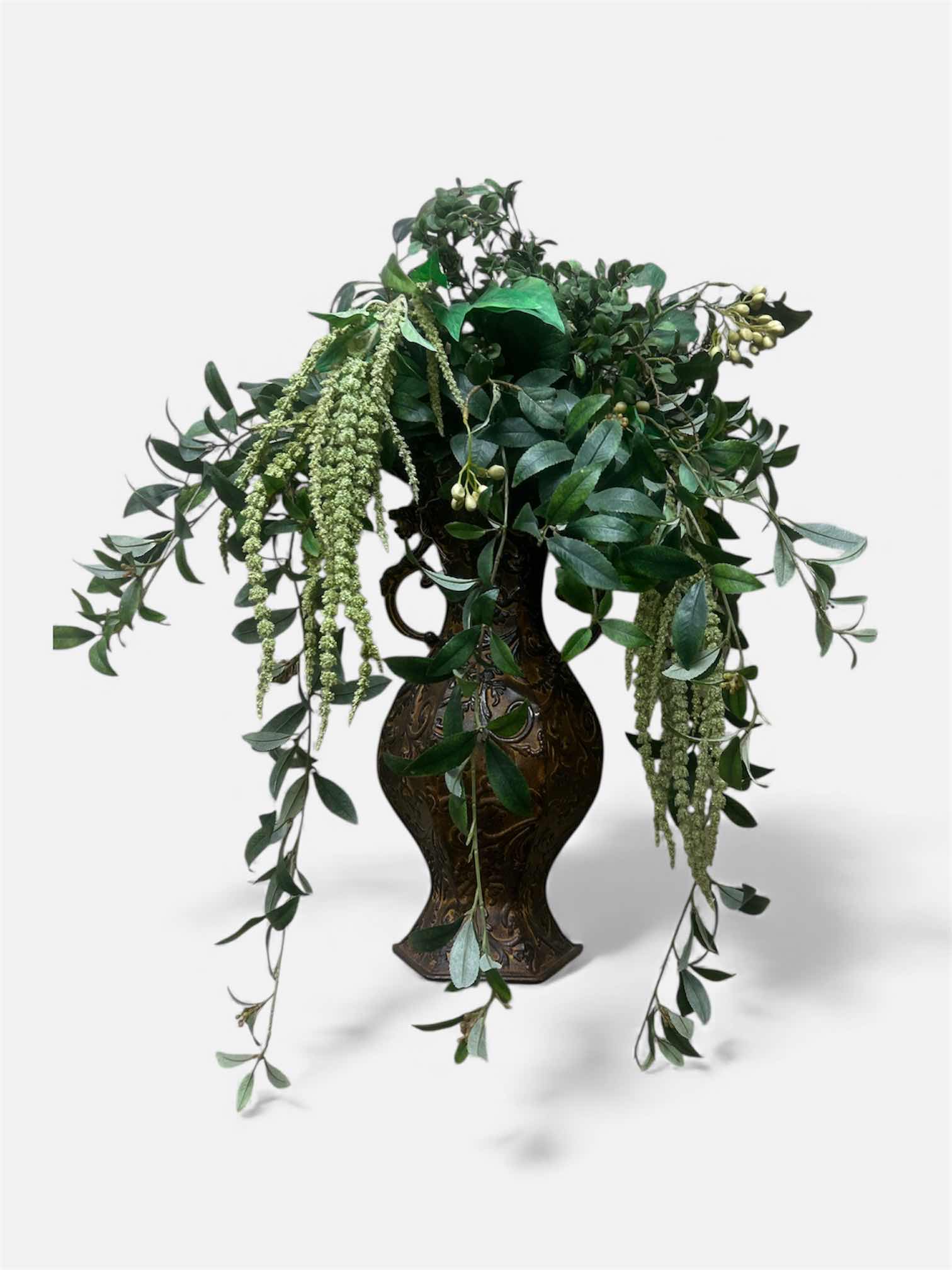 Photo 1 of WALL-MOUNTED BRONZE-FINISH METAL VASE WITH ARTIFICIAL GREEN FOILAGE AND HANGING AMARANTHUS SPRAY H26”