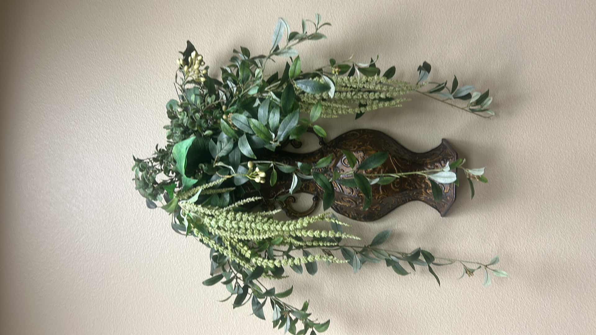 Photo 1 of WALL-MOUNTED BRONZE-FINISH METAL VASE WITH ARTIFICIAL GREEN FOILAGE AND HANGING AMARANTHUS SPRAY H26”