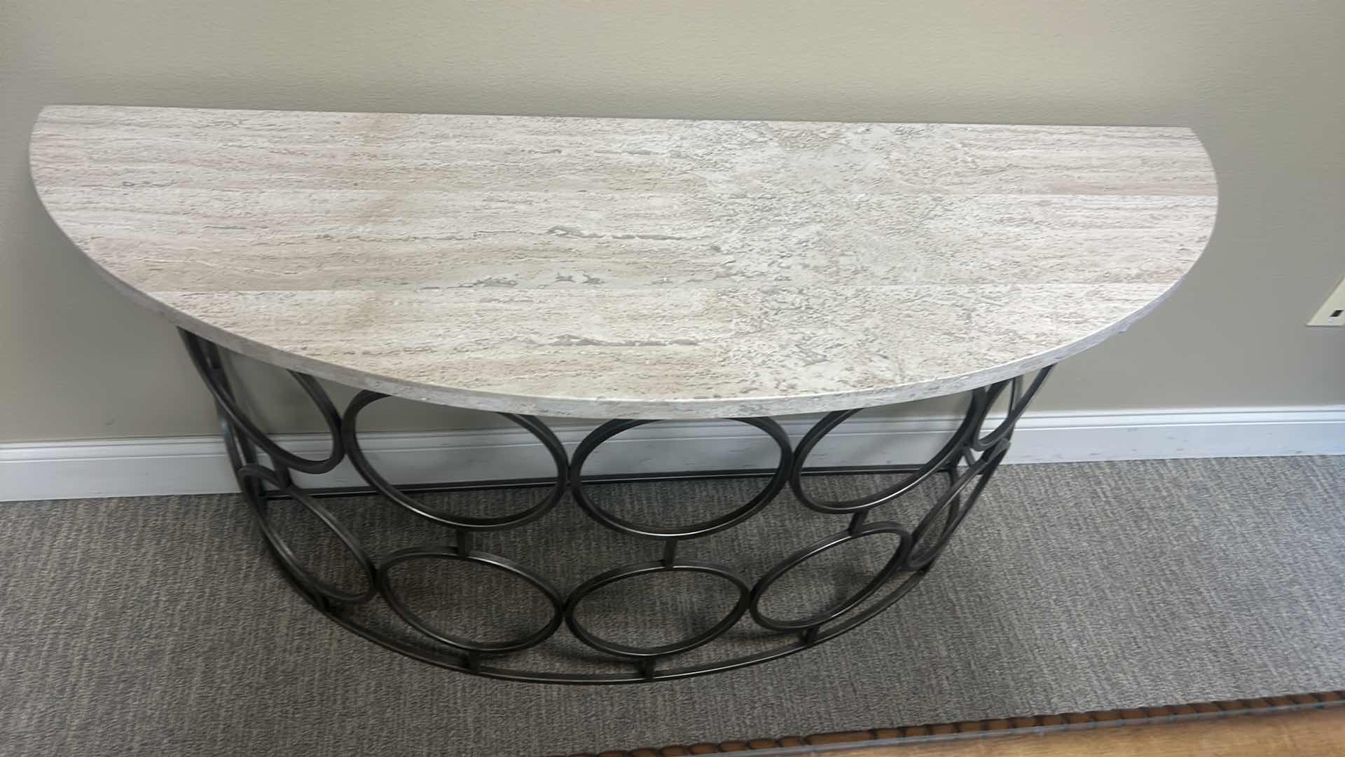 Photo 1 of OLYMPIA WHITE MARBLE AND OLD IRON DEMILUNE SOFA  TABLE / CONSOLE TABLE 55“ x 18“ x H29 1/2“.