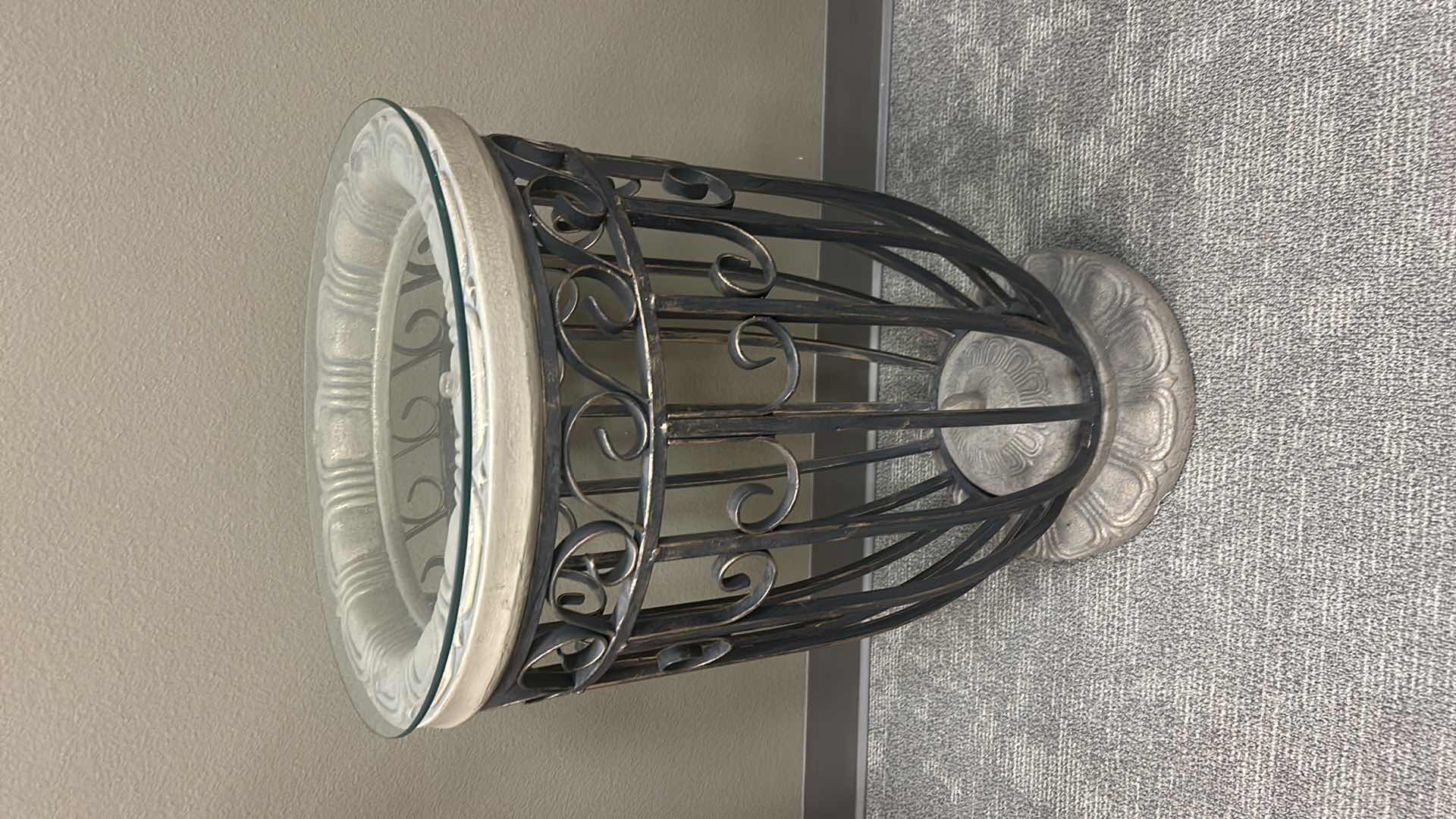 Photo 1 of ORNATE METAL AND GLASS ACCENT TABLE 18” X H36”