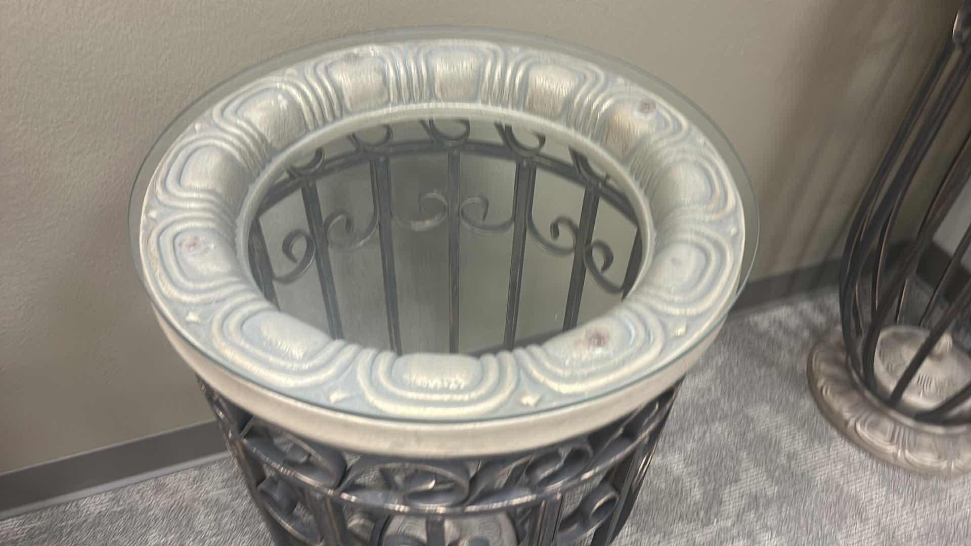 Photo 1 of ORNATE METAL AND GLASS ACCENT TABLE 18” X H36”