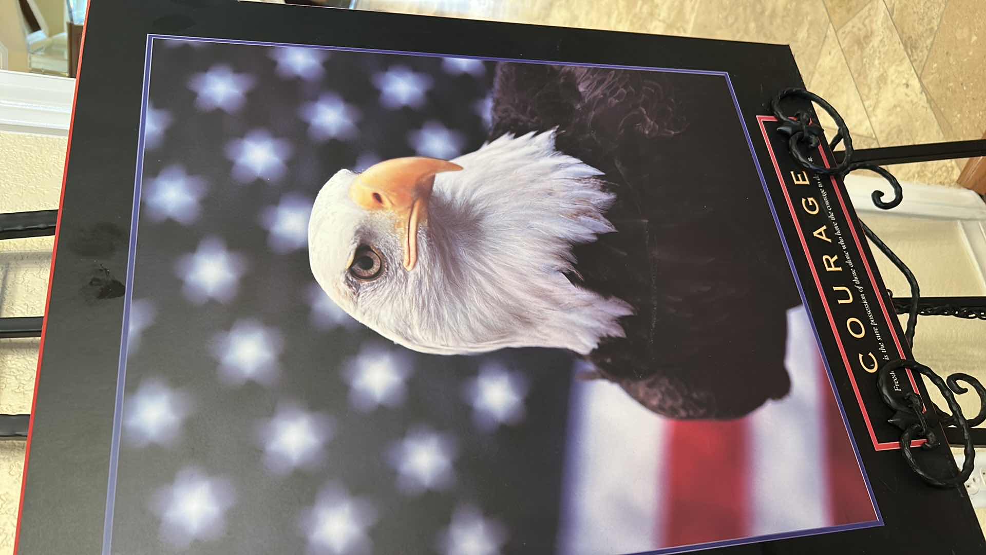 Photo 1 of FRAMED, BALD EAGLE MOTIVATIONAL POSTER PRINT FEATURING A PATRIOTIC IMAGE OF AN EAGLE SET AGAINST AN AMERICAN FLAG BACKGROUND WITH THE WORD “COURAGE” BELOW., ARTWORK 22” x H28”