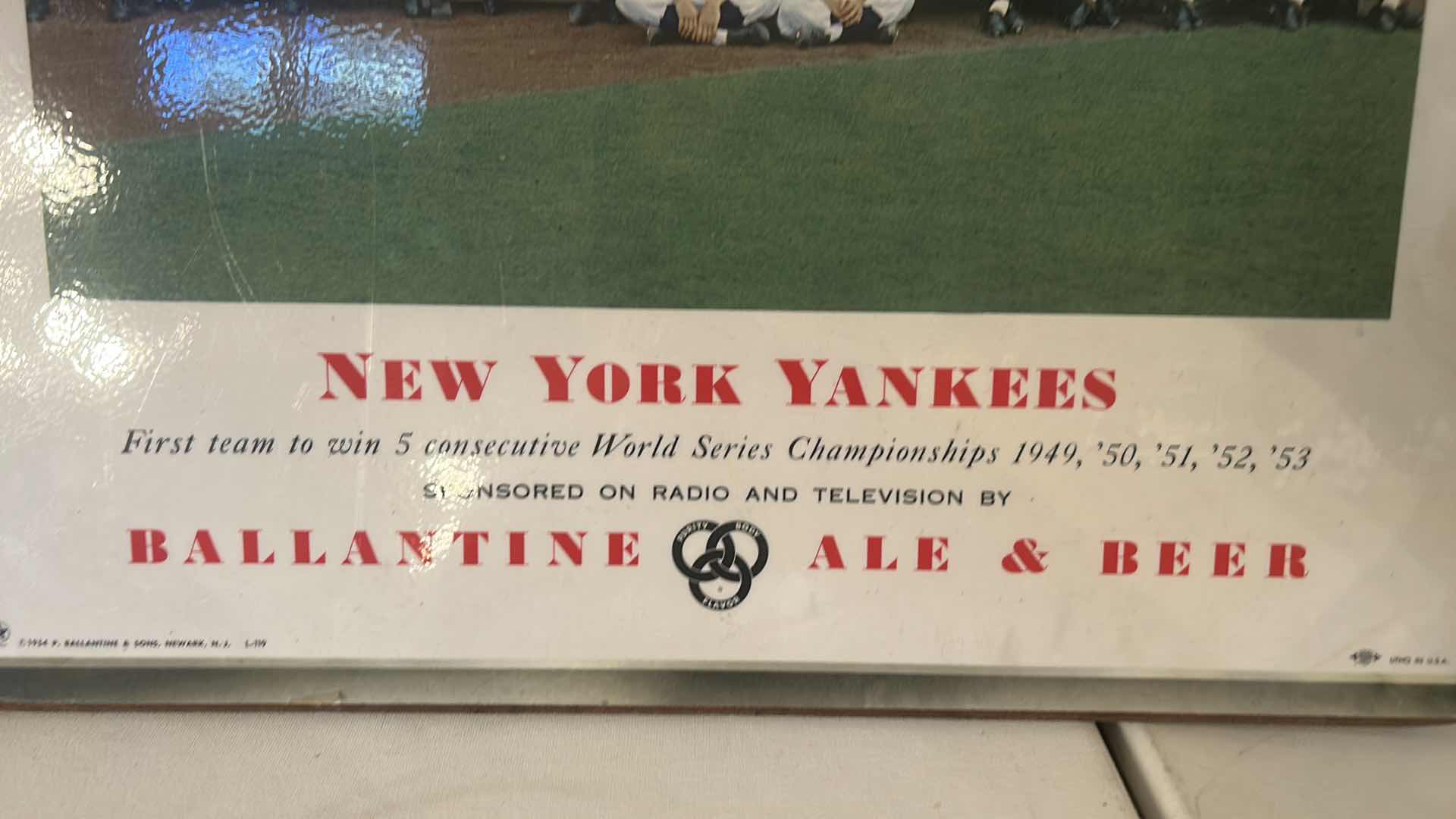 Photo 1 of NEW YORK YANKEES BALLANTINE BEER TEAM PHOTO DISPLAY MASONITE BOARD  7.5” x 15.5”