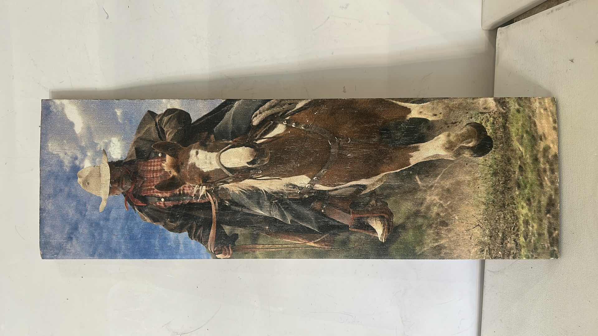 Photo 1 of PAINTED “WESTERN COWBOY ON HORSEBACK” ON WOOD SLAT, ARTWORK 5 1/2” x H18”