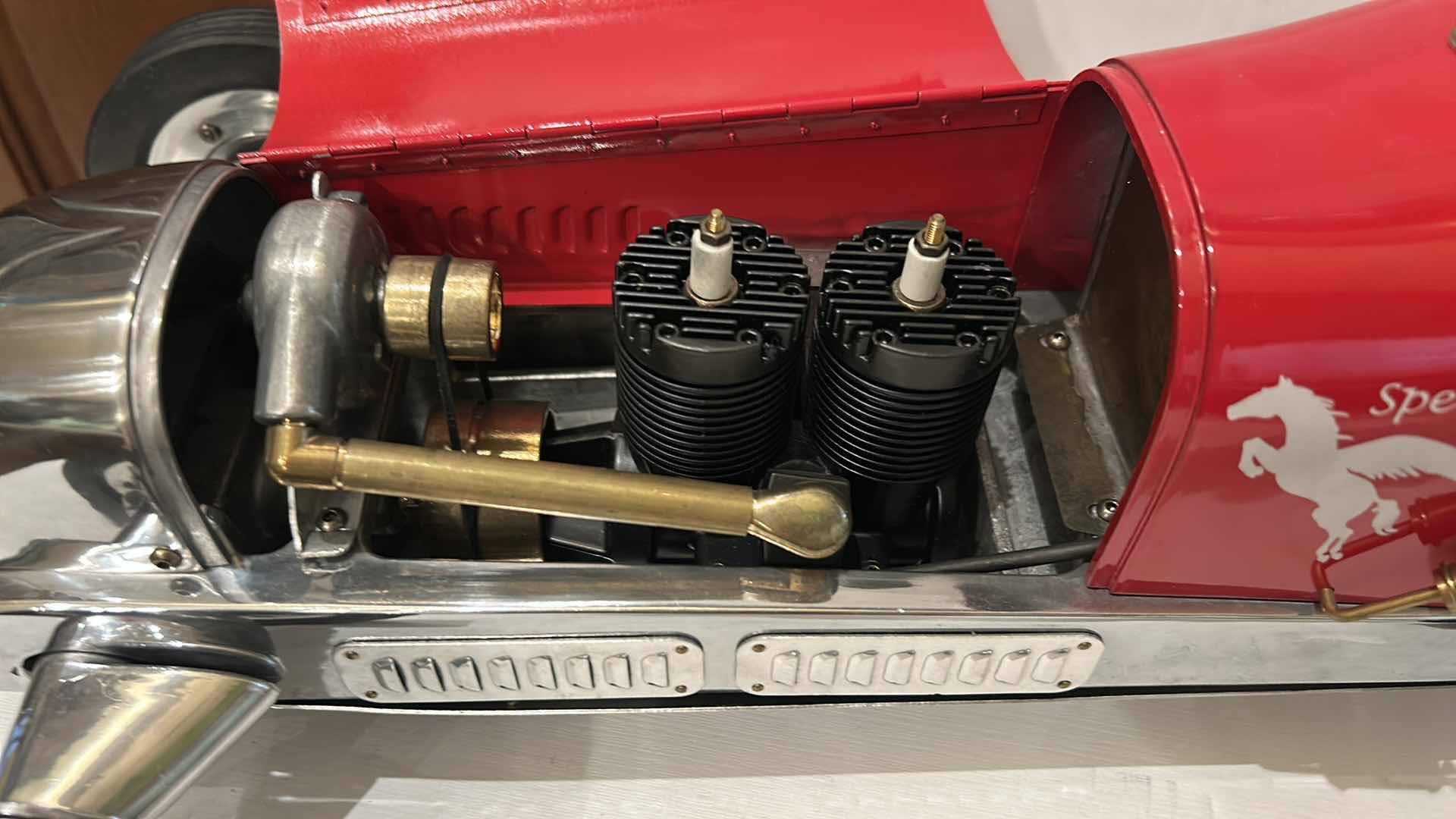 Photo 1 of $525 - DETAILED REPLICA MODEL OF A 1930S BB KORN TETHER CAR, ALSO KNOWN AS A SPINDIZZY RACER, CREATED BY AUTHENTIC MODELS.
THE MODEL IS HAND-BUILT AND HANDCRAFTED FROM POLISHED CAST ALUMINUM AND BRASS. 21” x 7 1/2”