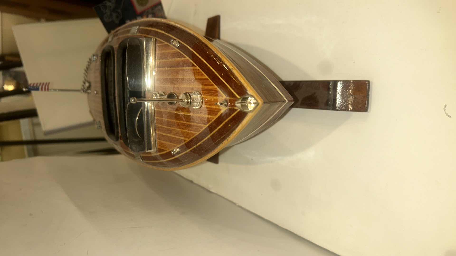 Photo 1 of HANDCRAFTED WOODEN MODEL OF A CHRIS-CRAFT RUNABOUT OR “BARREL BACK” STYLE MOTORBOAT 17 1/2” x 7”