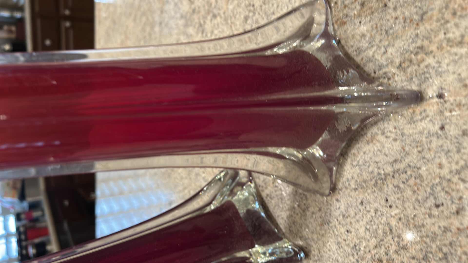 Photo 1 of SET OF VINTAGE MID-CENTURY MODERN RED CASED GLASS “SWUNG” OR “ELEPHANT FOOT” BUD VASES  (TALLEST 35 1/2”)