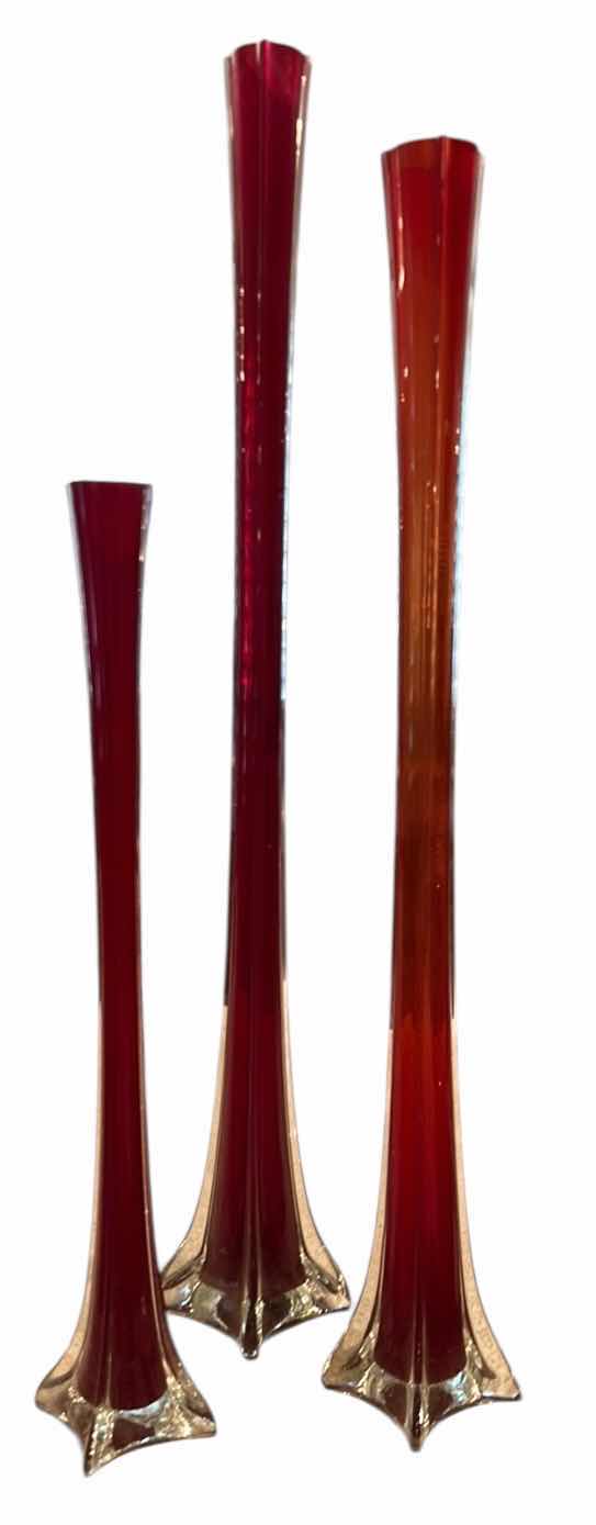 Photo 1 of SET OF VINTAGE MID-CENTURY MODERN RED CASED GLASS “SWUNG” OR “ELEPHANT FOOT” BUD VASES  (TALLEST 35 1/2”)