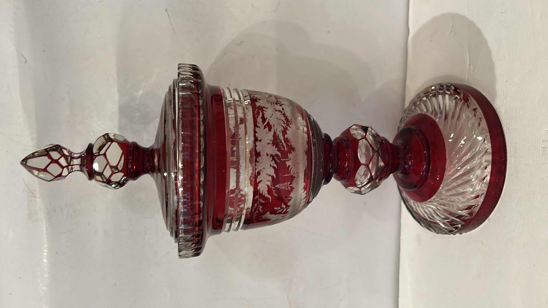 Photo 1 of ANTIQUE LARGE BOHEMIAN RUBY STAINED CUT-TO-CLEAR STAG HUNTING SCENE URN VASE H17”