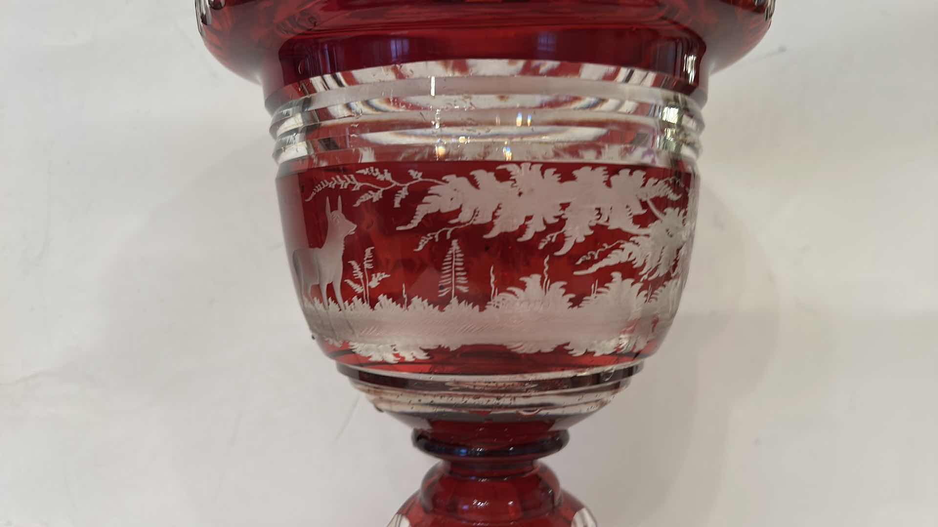 Photo 1 of ANTIQUE LARGE BOHEMIAN RUBY STAINED CUT-TO-CLEAR STAG HUNTING SCENE URN VASE H17”