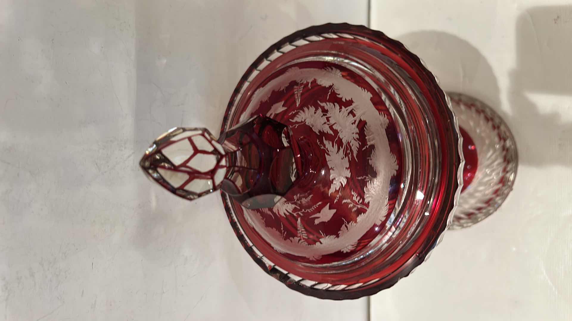 Photo 1 of ANTIQUE LARGE BOHEMIAN RUBY STAINED CUT-TO-CLEAR STAG HUNTING SCENE URN VASE H17”