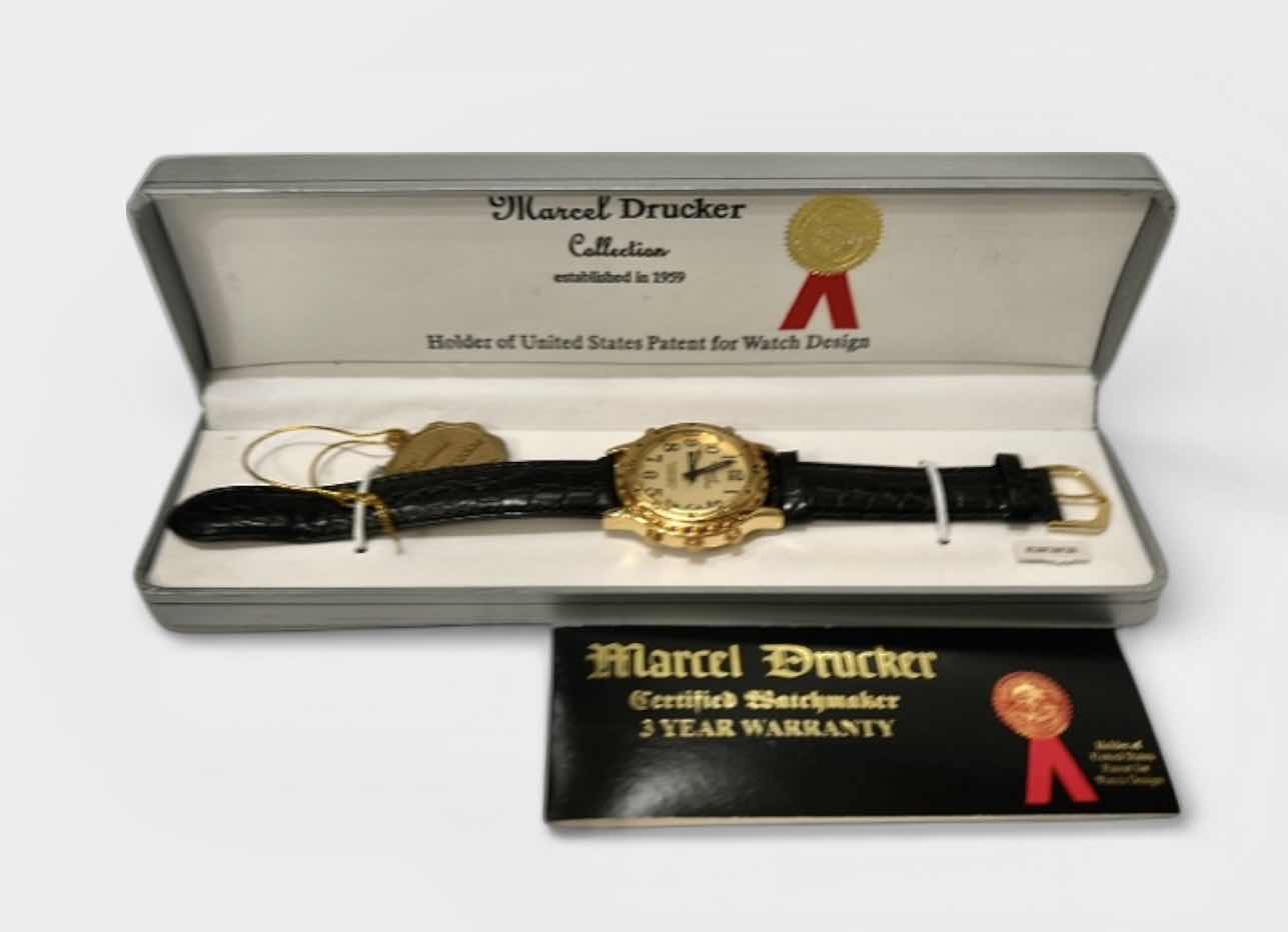 Photo 1 of MARCEL DRUCKER GOLD TONE TALKING WATCH FOR MEN LEATHER BAND