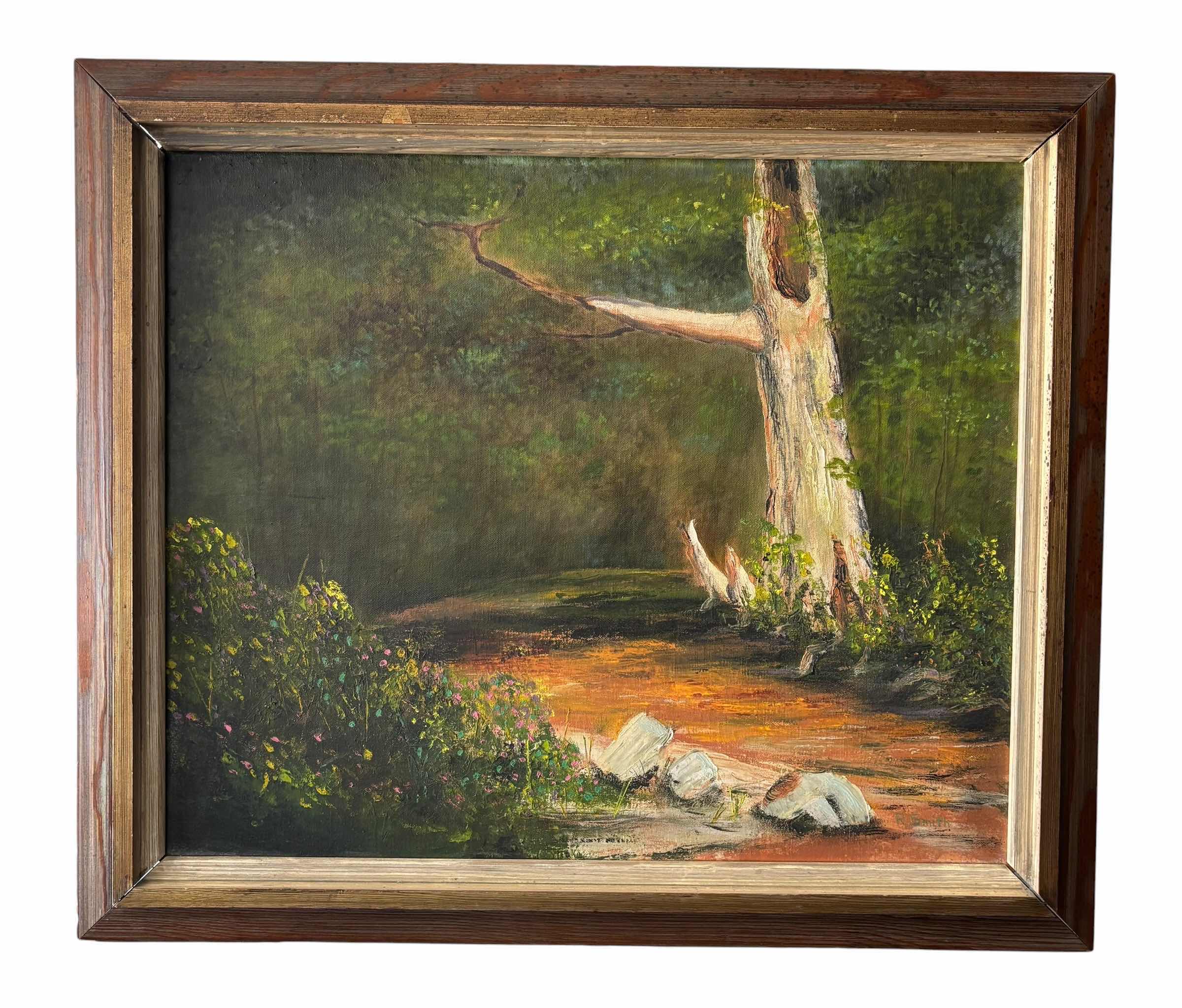 Photo 1 of FRAMED LANDSCAPE OIL PAINTING DEPICTING WOODED CREEK SCENE W TREE AND STREAM BY R SMITH 24” X 28”