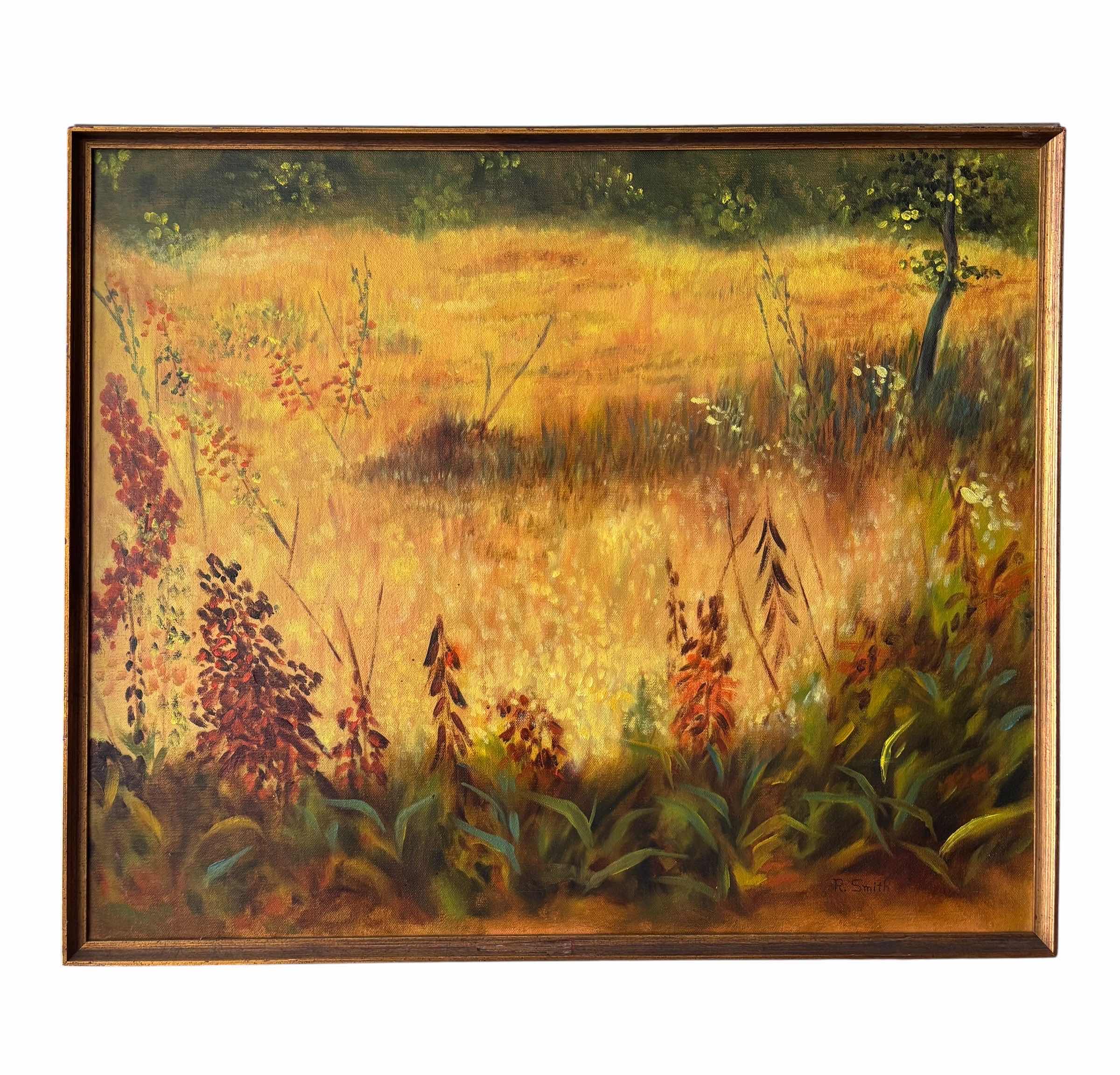 Photo 1 of FRAMED LANDSCAPE OIL PAINTING- MEADOW & WILDFLOWER IN WARM EARTH TONES BY R SMITH 21” X 25”