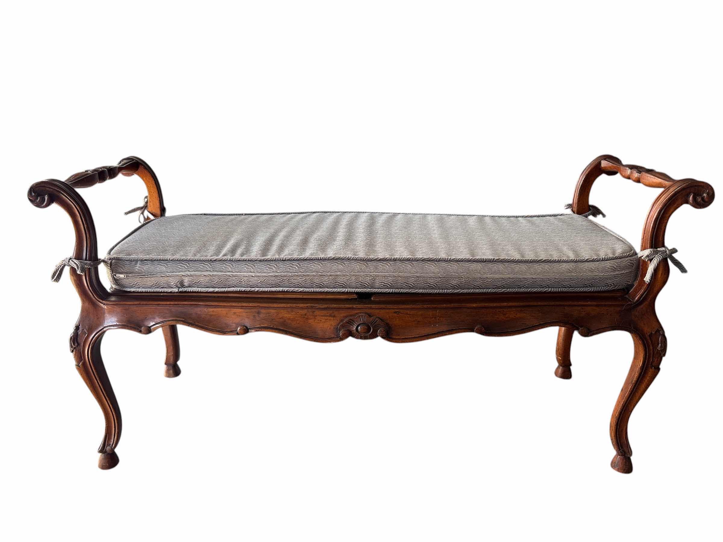 Photo 1 of ANTIQUE LOUIS XV FRENCH SETTEE W CARVED WALNUT FRAME AND LIGHT UPHOLSTERY W SOLID BASE SEAT H14.5”
TOTAL H21”