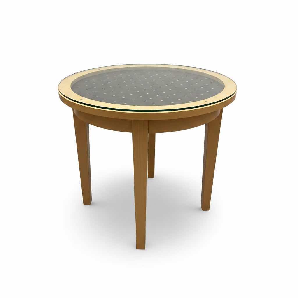 Photo 1 of VINTAGE LIGHT WOOD CIRCULAR TABLE W DARK BROWN WOVEN LEATHER GLASS TOP H36.5”