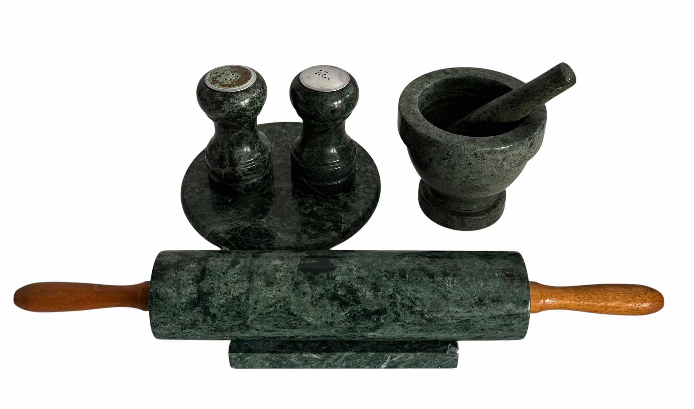 Photo 1 of 4(PCS) GREEN MARBLE KITCHEN ACCESSORY SET INCLUDING MORTAR & PESTLE, SALT & PEPPER SHAKERS, AND ROLLING PIN WITH WOOD HANDLES