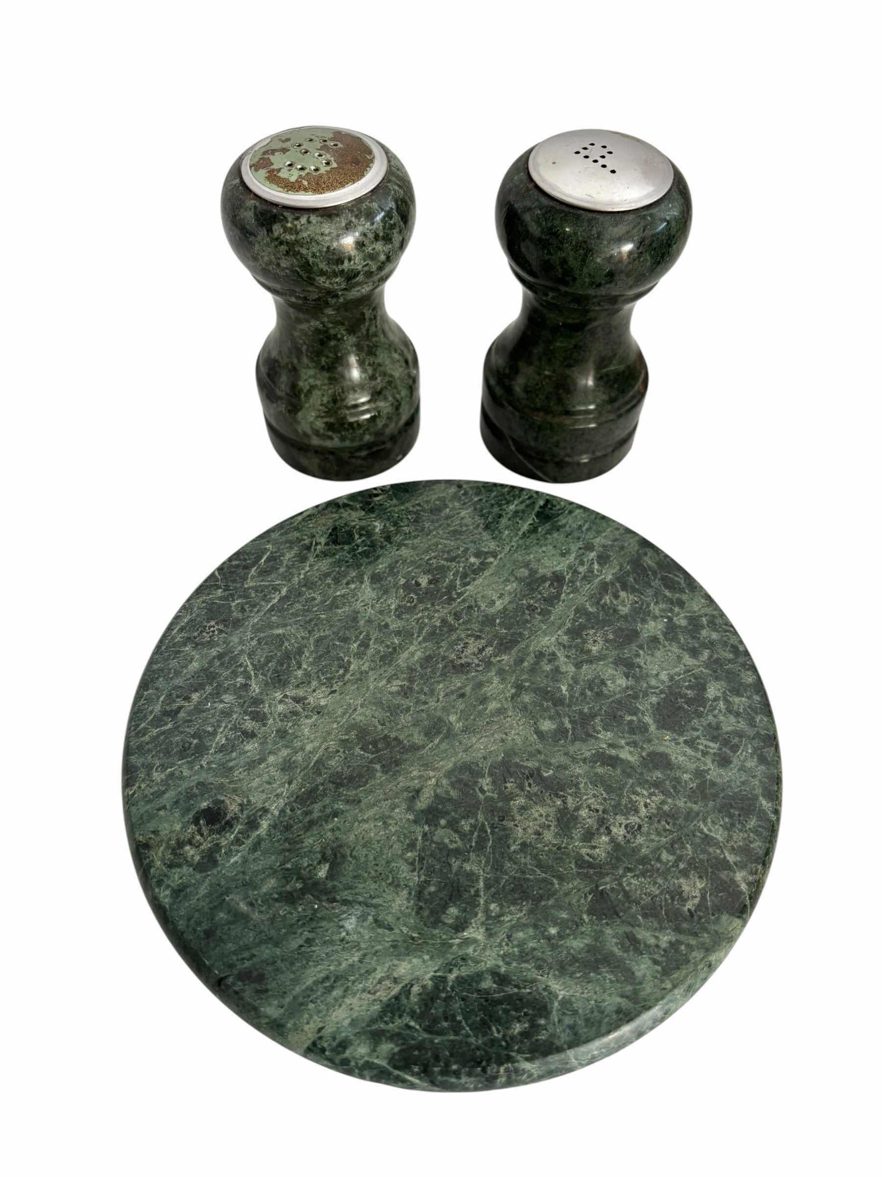 Photo 1 of 4(PCS) GREEN MARBLE KITCHEN ACCESSORY SET INCLUDING MORTAR & PESTLE, SALT & PEPPER SHAKERS, AND ROLLING PIN WITH WOOD HANDLES
