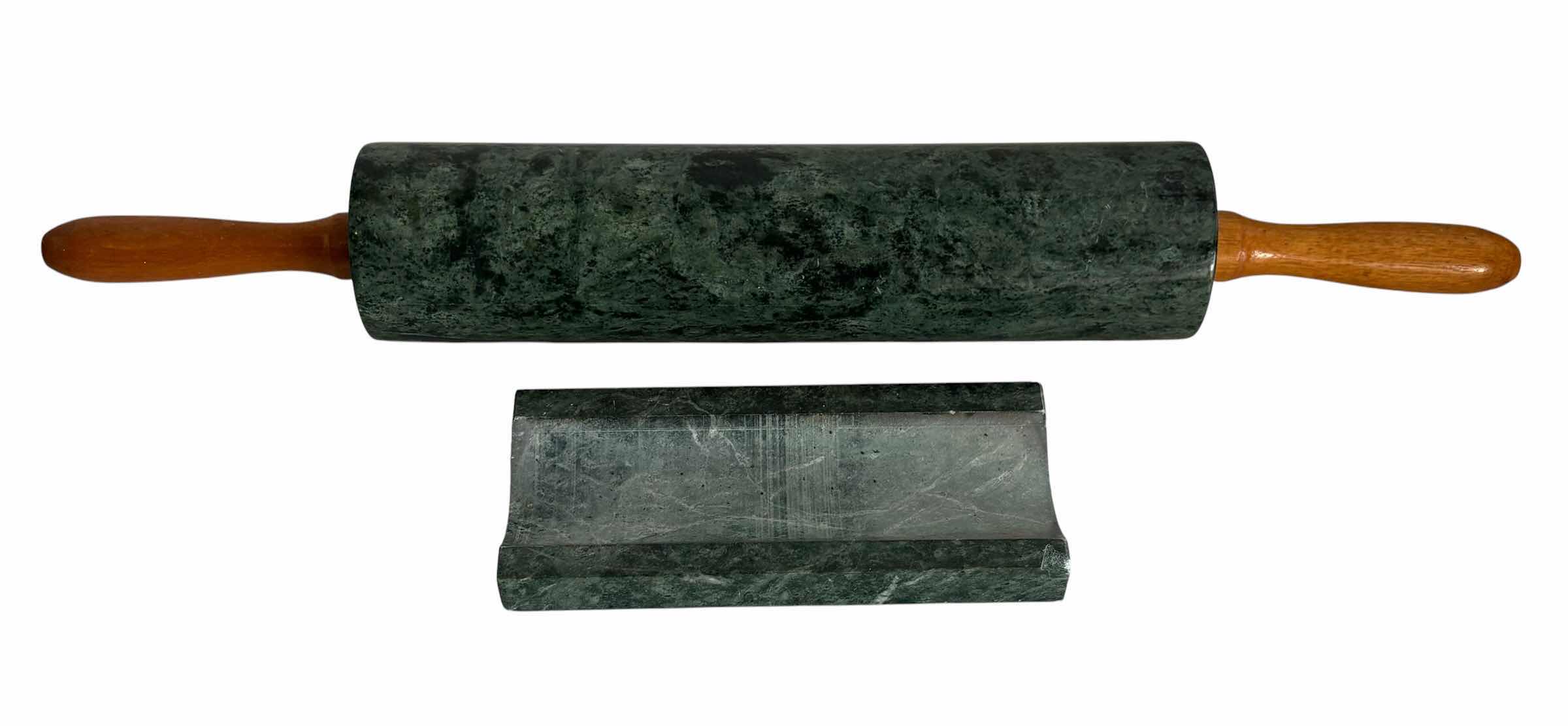 Photo 1 of 4(PCS) GREEN MARBLE KITCHEN ACCESSORY SET INCLUDING MORTAR & PESTLE, SALT & PEPPER SHAKERS, AND ROLLING PIN WITH WOOD HANDLES