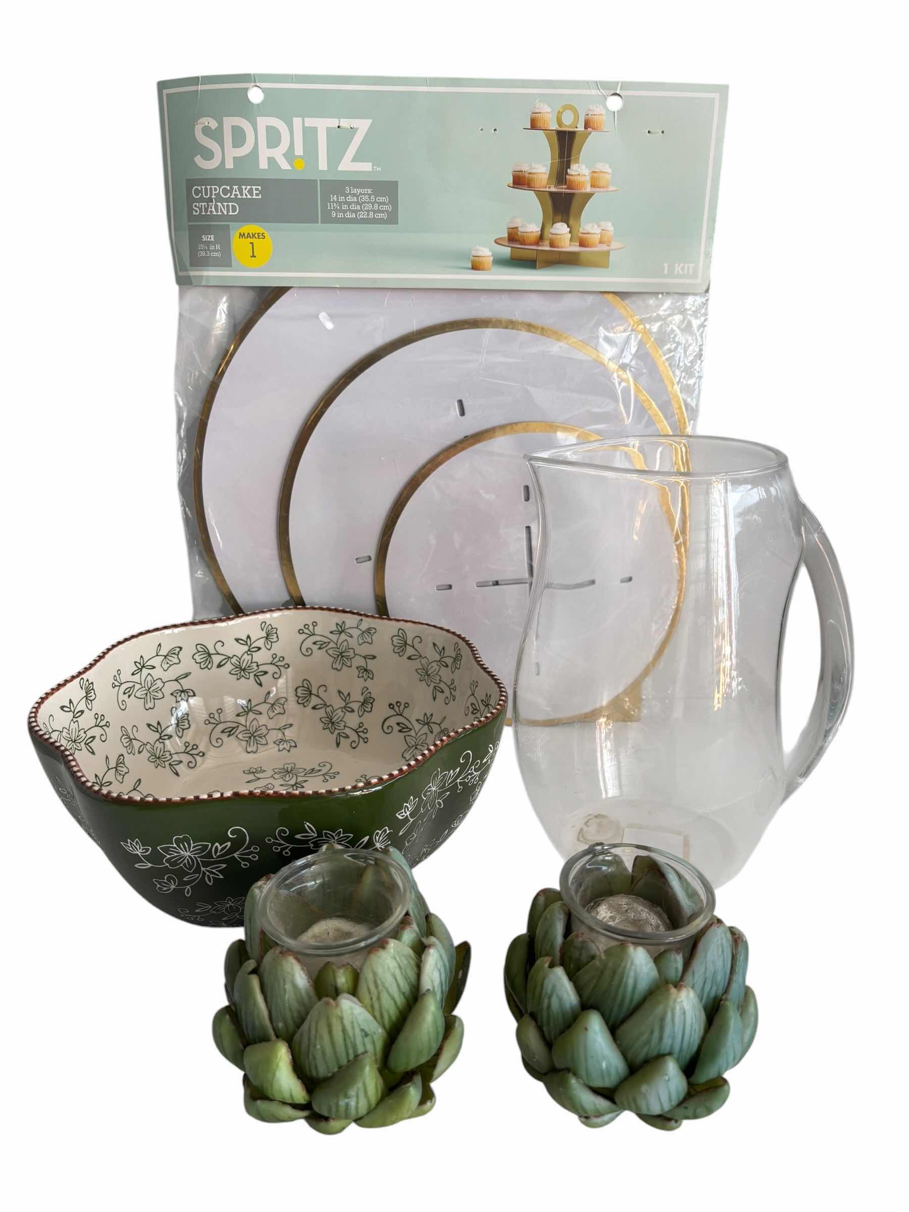 Photo 1 of CARDBOARD CUPCAKE STAND, ACRYLIC PITCHER, TEMPTATIONS DECORATIVE BOWL & CANDLES (2)