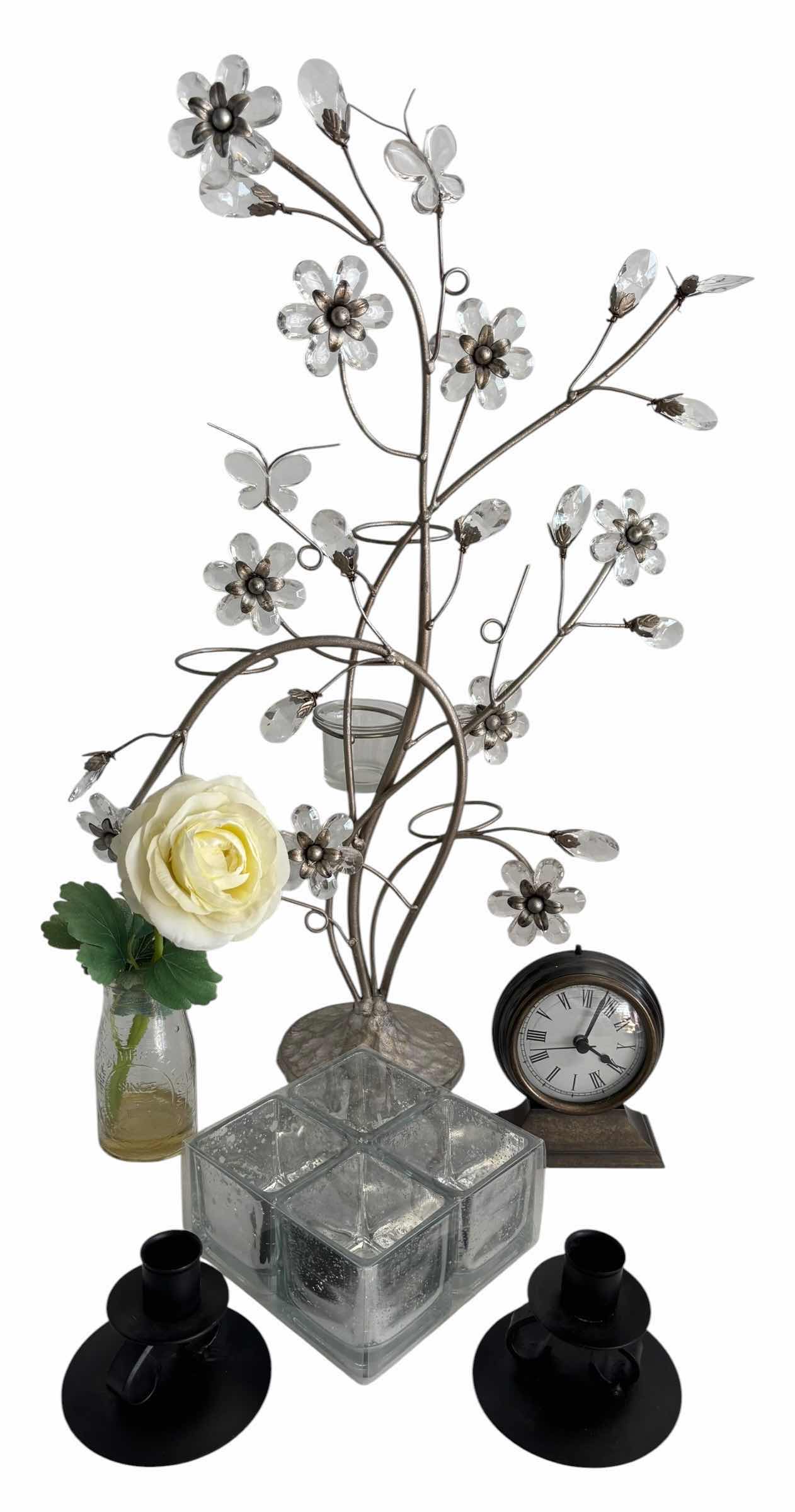 Photo 1 of CANDLE HOLDERS, SMALL CLOCK & FLOWER IN GLASS BOTTLE