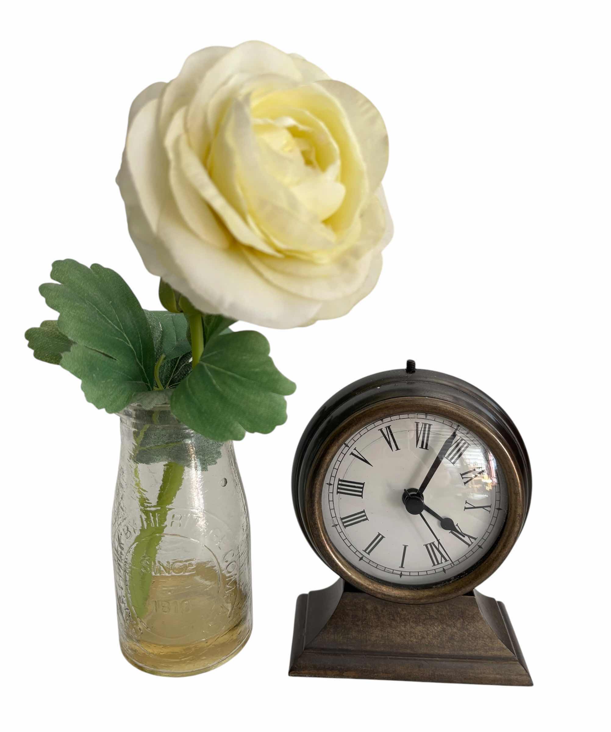 Photo 1 of CANDLE HOLDERS, SMALL CLOCK & FLOWER IN GLASS BOTTLE