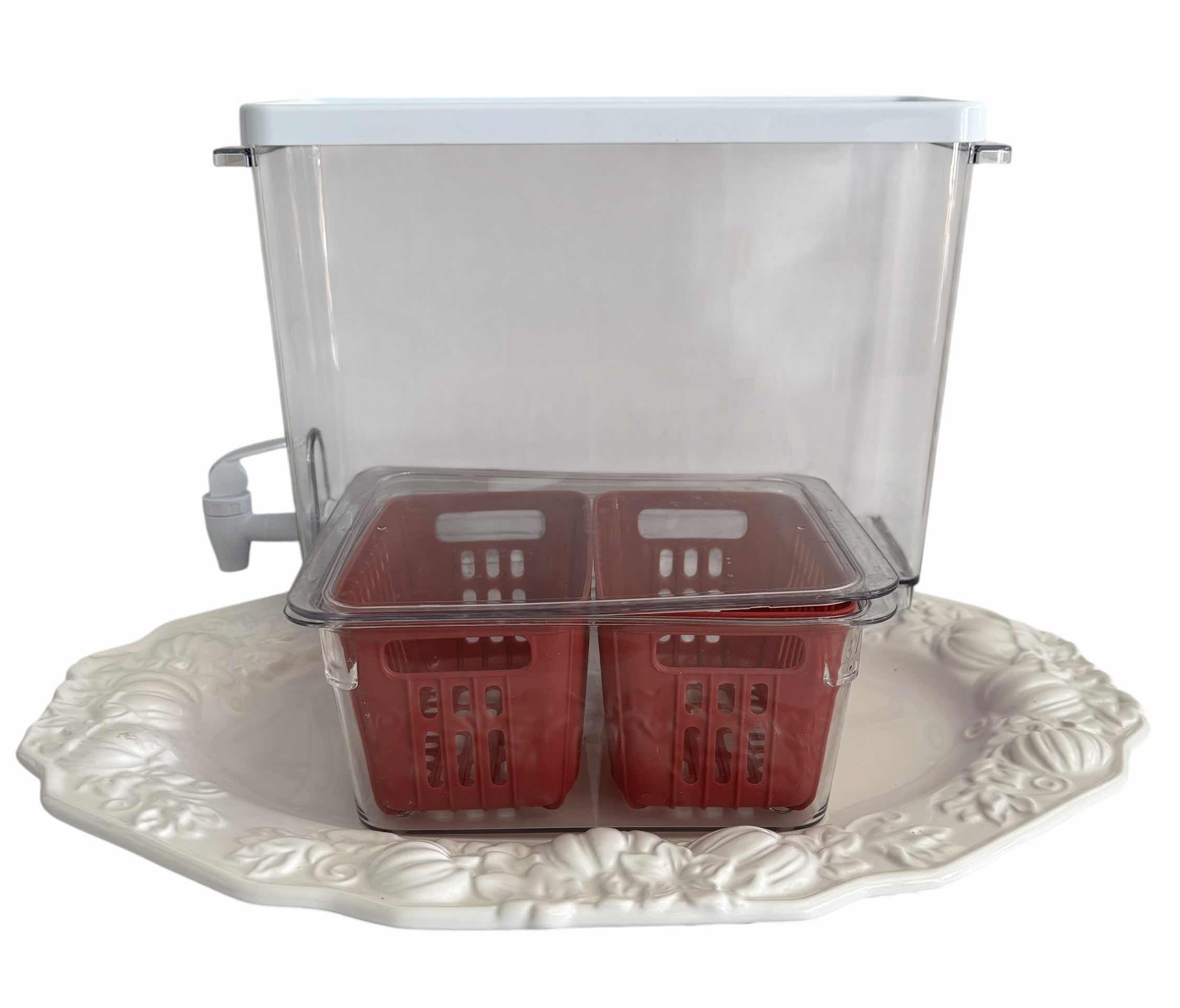 Photo 1 of BEVERAGE DISPENSER, PLACEMATS (13), DECORATIVE SERVING PLATTER & COLANDER BERRY CONTAINER