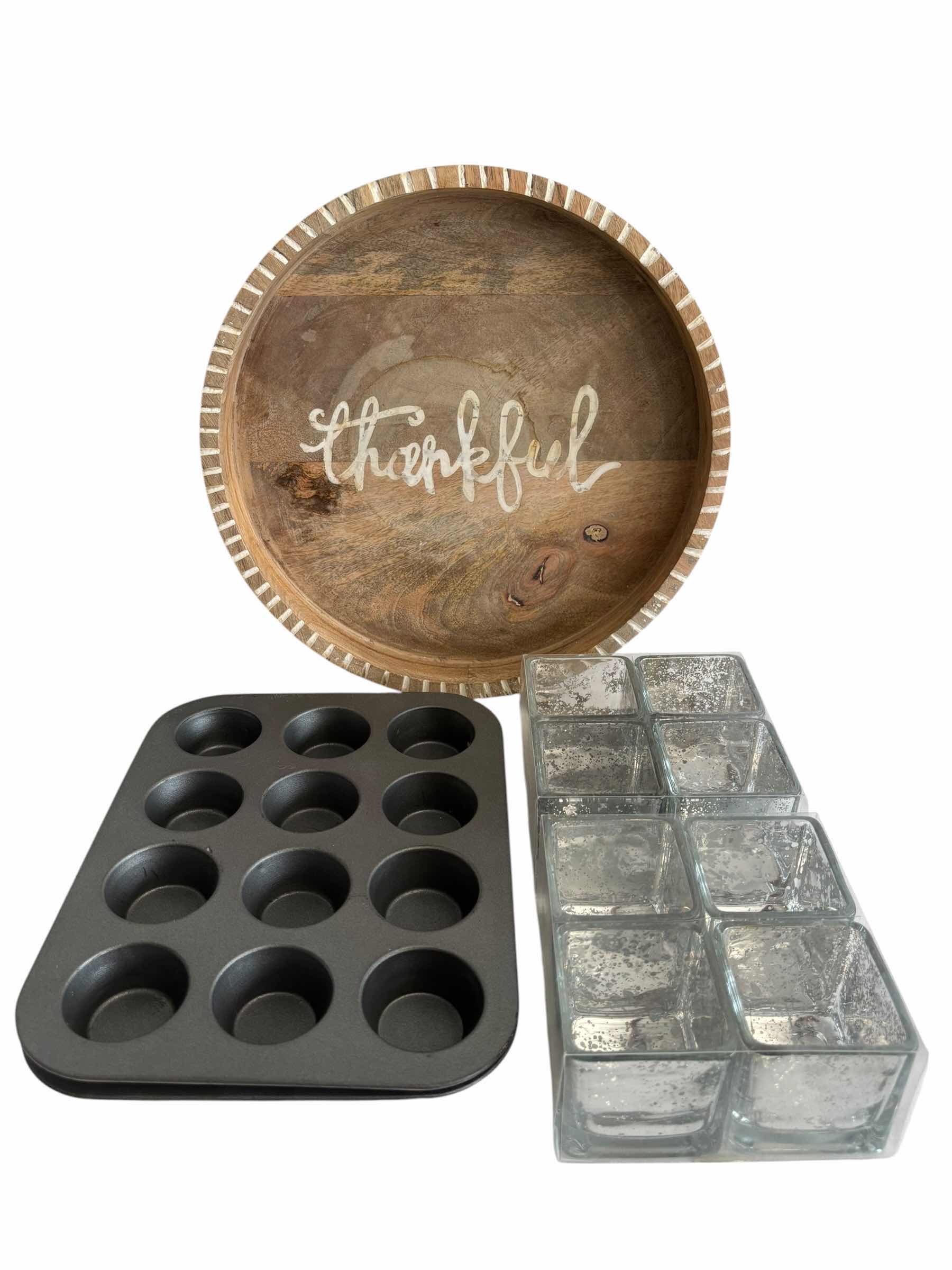 Photo 1 of SERVING TRAY, MINI MUFFIN PANS (2) & GLASS CANDLE HOLDERS (2 PACKS OF 4 EACH)