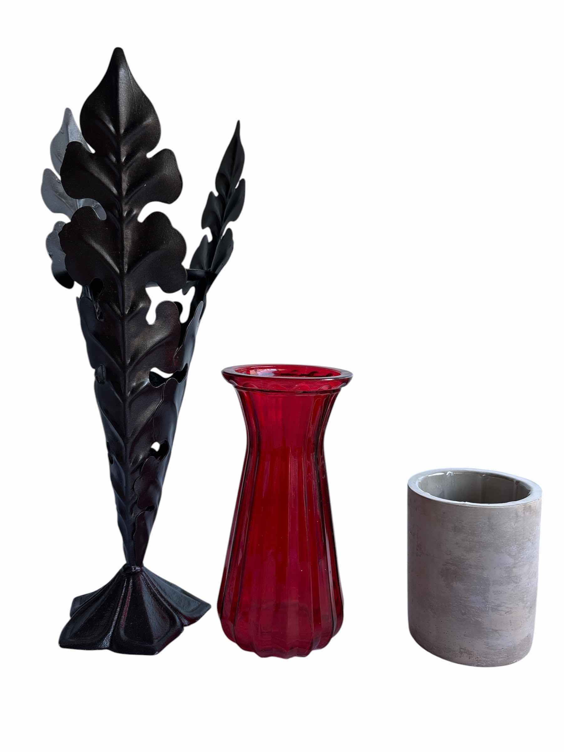 Photo 1 of (5)PCS TALL METAL CANDLE HOLDER & VASES PURPLE-TEEL-RED H17.25”