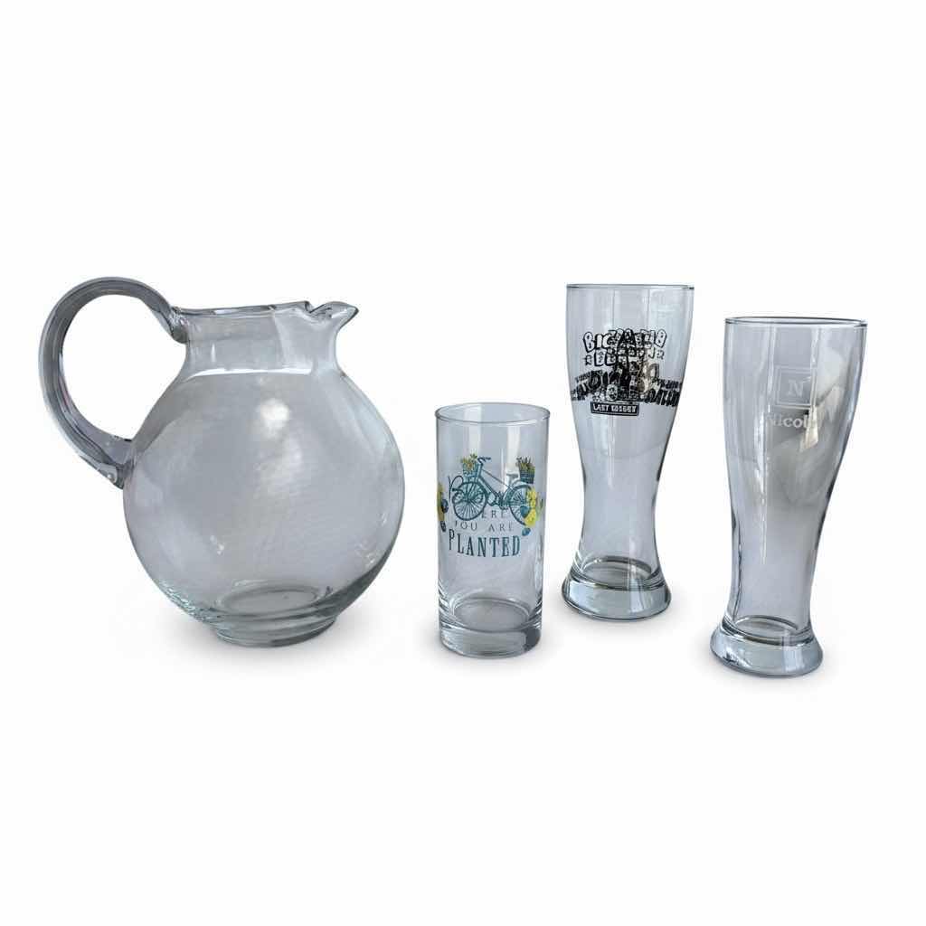 Photo 1 of (4)PCS LARGE GLASS PITCHER AND GLASSES H9”