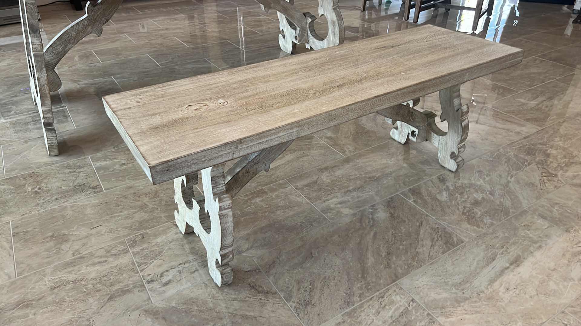 Photo 2 of CHAMPAGNE SOLID WOOD BENCH (MATCHES DINING TABLE) 50" x 60" H19"