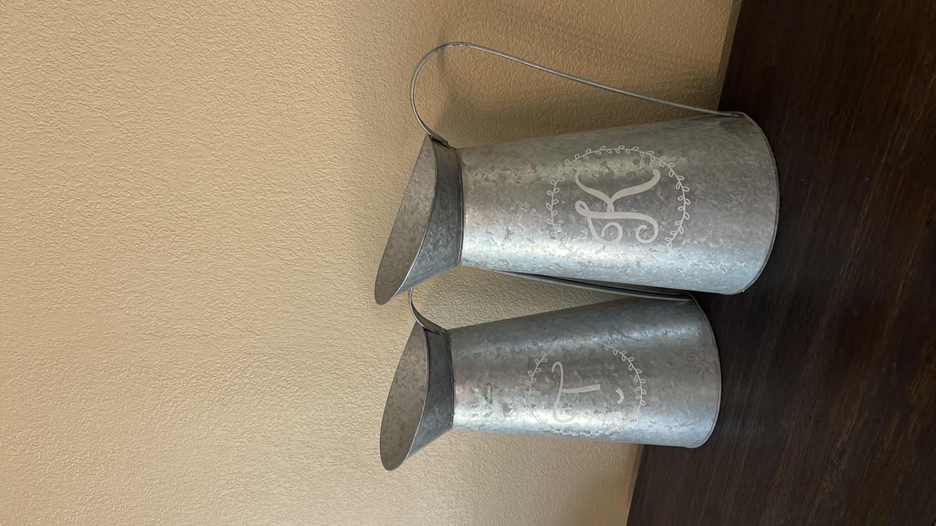 Photo 1 of 2-DECORATIVE TIN PITCHERS H15"