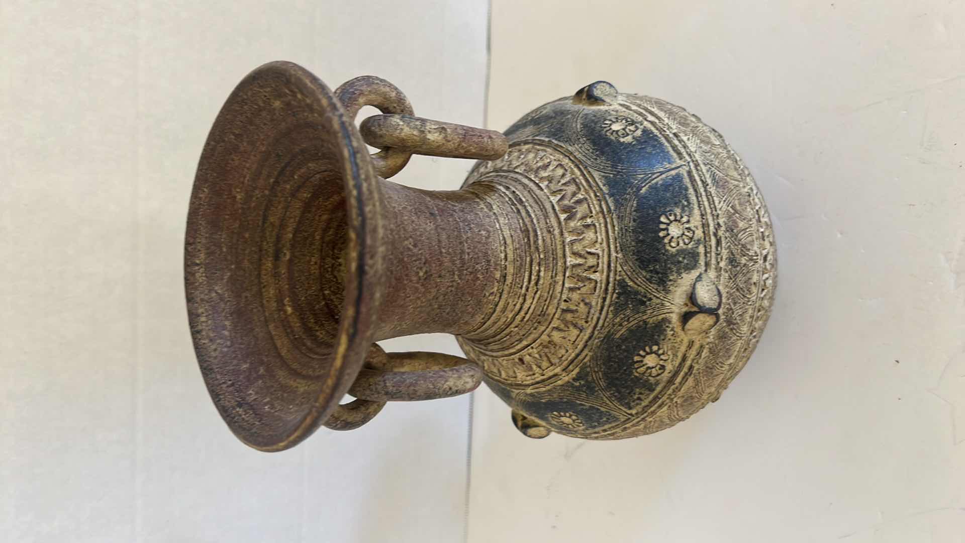 Photo 1 of CERAMIC TAN W BLACK RING HANDLES VASE W7" x H10"