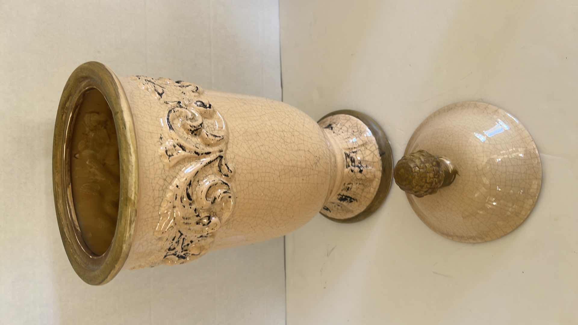 Photo 1 of CERAMIC CRACKLED PEACH W BROWN LIDDED JAR W9" H20"