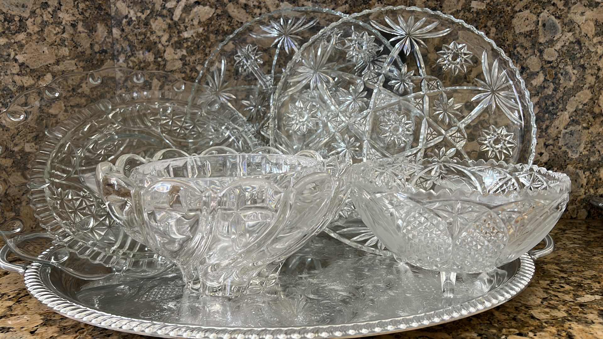 Photo 1 of 7-GLASS SERVE WARE PLATTERS & BOWLS, SILVER-PLATED TRAY