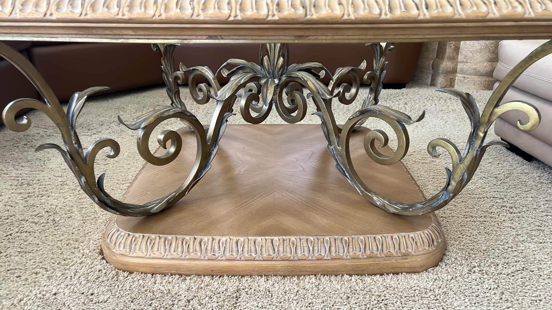 Photo 1 of BERNHARDT VINTAGE BLONDE WOOD W ORNATE WROUGHT IRON COFFEE TABLE 42" x 39" H21"