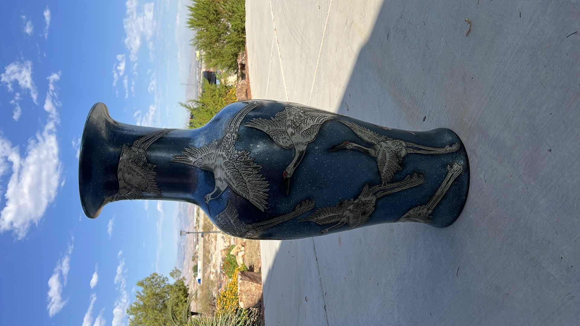 Photo 1 of COBALT BLUE ENAMEL GILT "STORK" VASE H35"