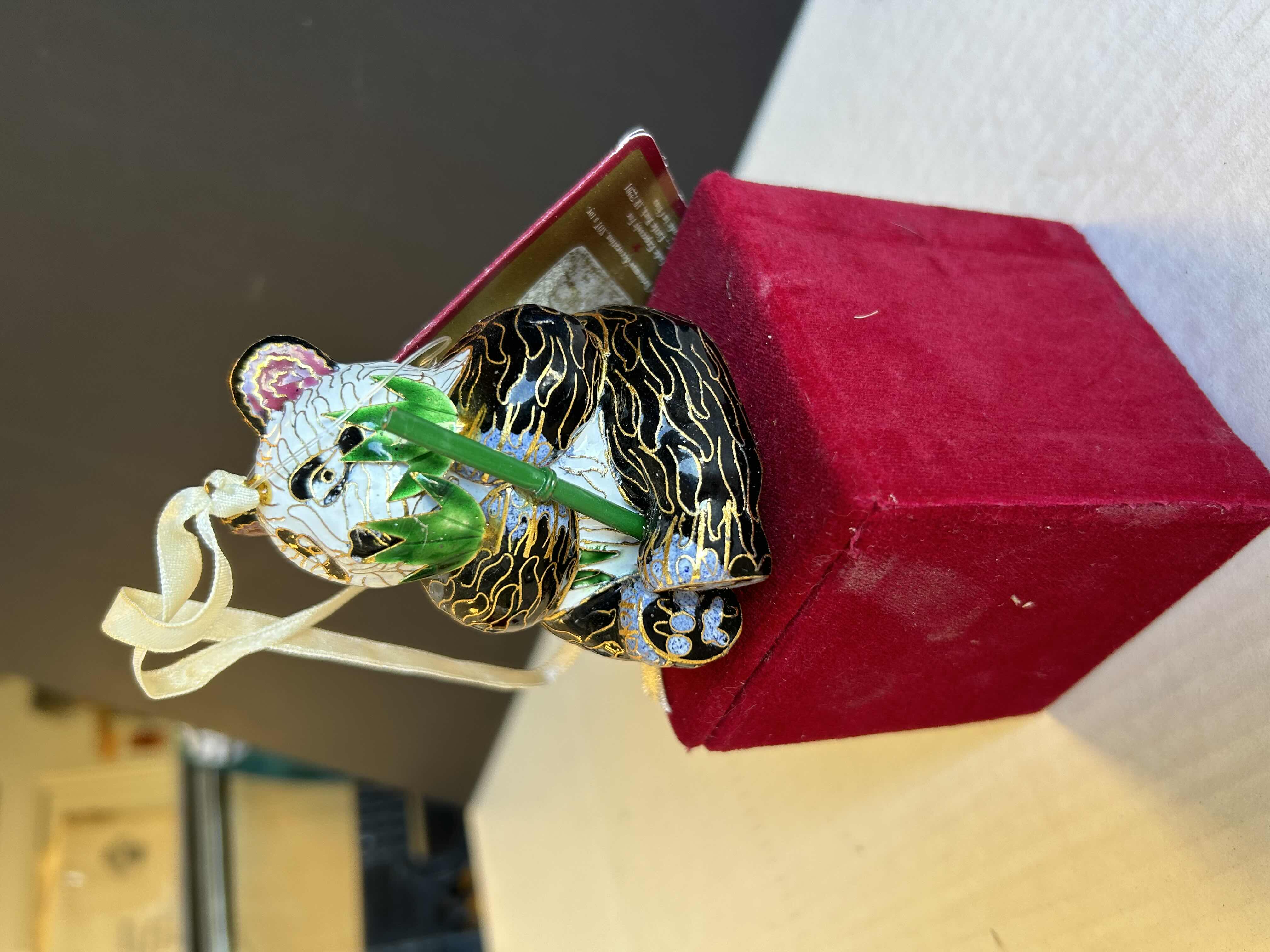 Photo 1 of NEW CLOISONNÉ PANDA BEAR EATING BAMBOO ORNAMENT 
